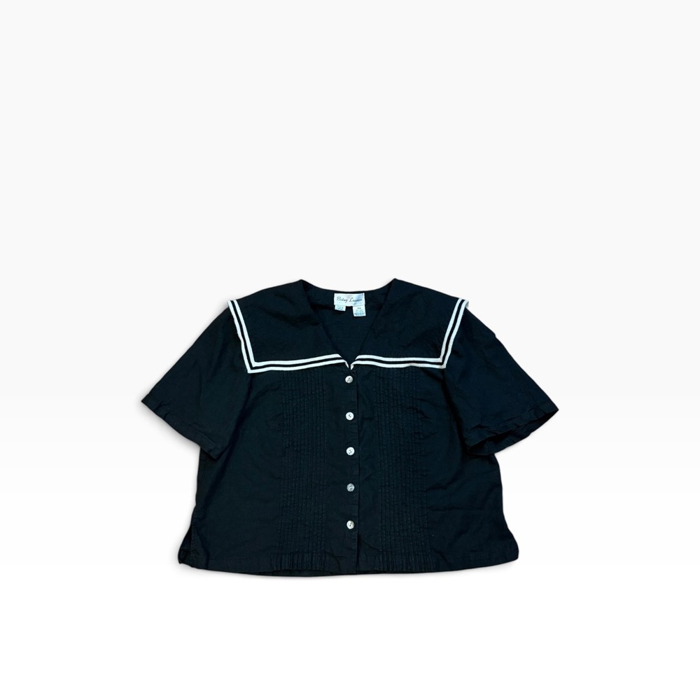 Vintage Betsy Lauren Sailor Collar Blouse Black Linen Blend Pintuck Top 18W